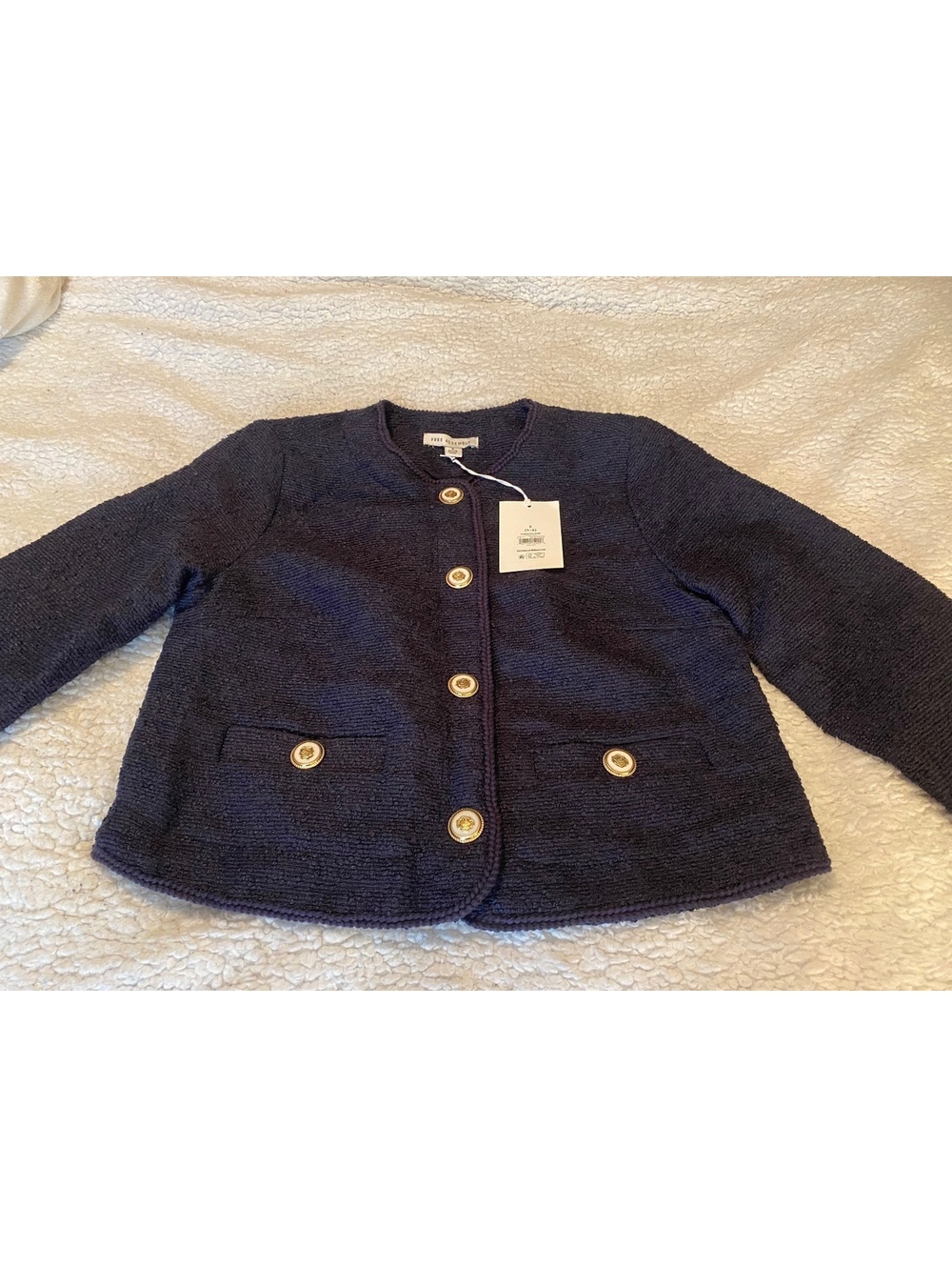 Free Assembly Women’s Navy Bouclé Jacket Small 4-6 Gold Buttons NWT